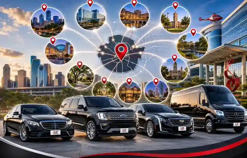 Luxury non-emergency medical transportation service areas across Houston with premium fleet and regional coverage map.